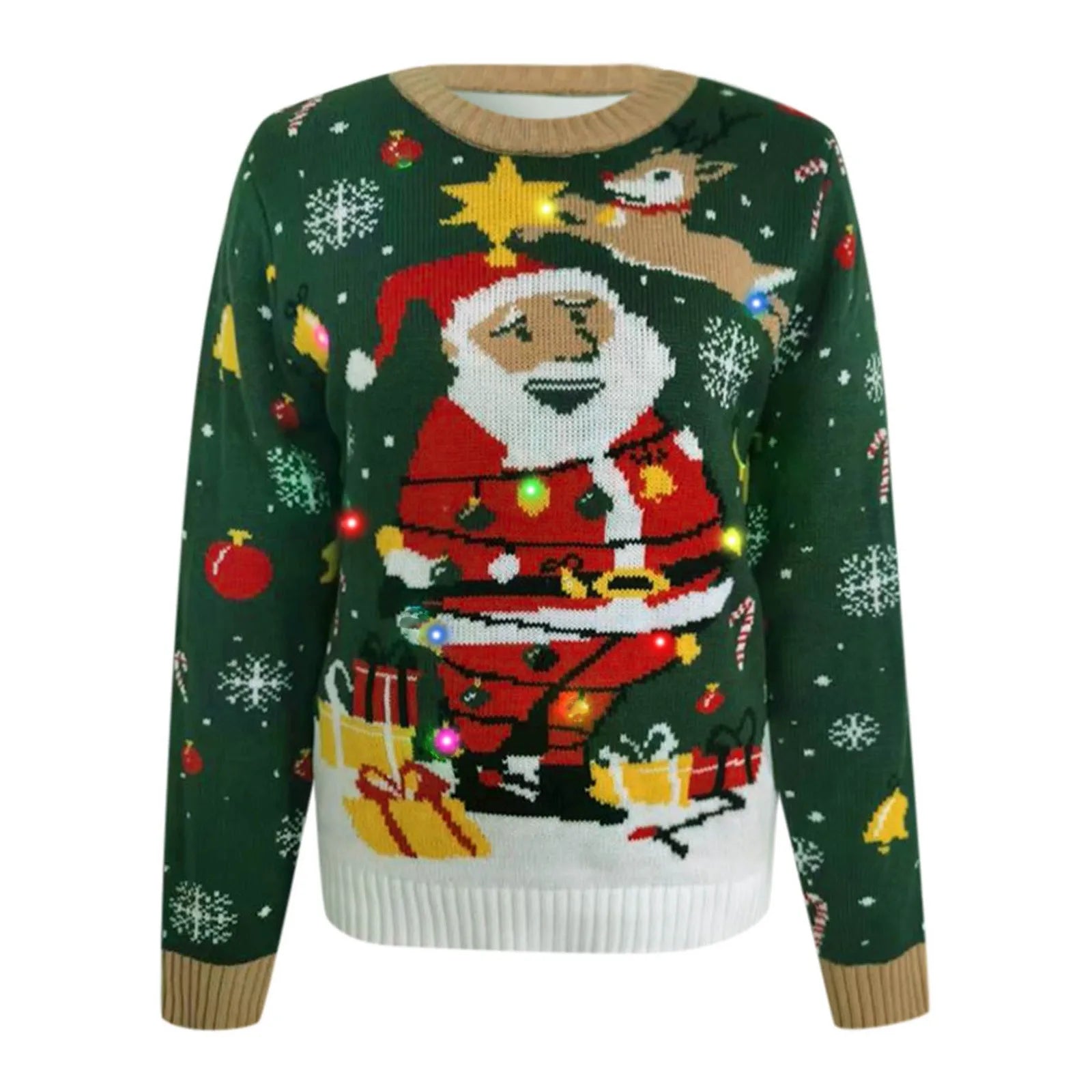 Autumn Winter Santa Jacquard Round Neck Retro Casual Christmas Sweater With Led Light Sweaters-L