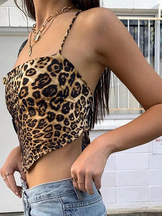 FashionSierra - Leopard Backless Rave Sleeveless Lace Up Bralette Crop Tops