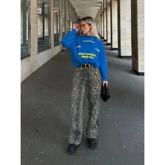 FashionSierra - Leopard Print Retro Y2k Straight Wide High Waisted Oversized Hip Hop Trouser