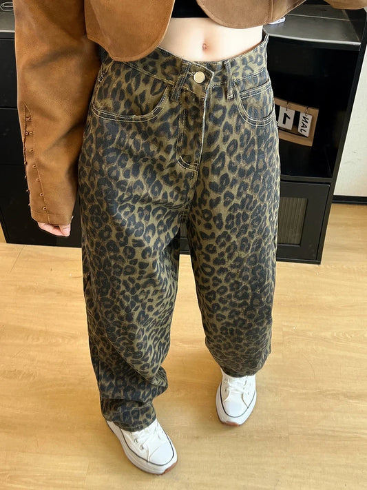 FashionSierra - Leopard Print High Waisted Wide Streetwear 2000s Baggy Trouser