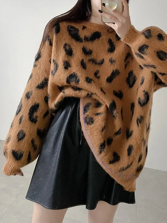 Leopard Print Warm Oversized Pullover Women Elegant Round Neck Long Sleeve Sweater