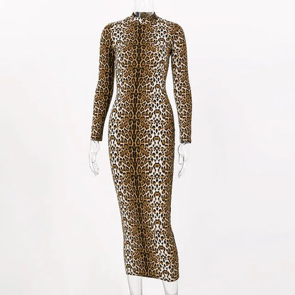 FashionSierra - Leopard Print Long Sleeve Bodycon Sexy Winter Streetwear Festival Outfits Midi Dress