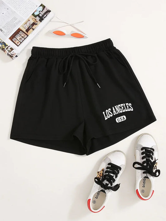 Letter Print Drawstring Shorts Slant Pockets Women's Clothing Shorts