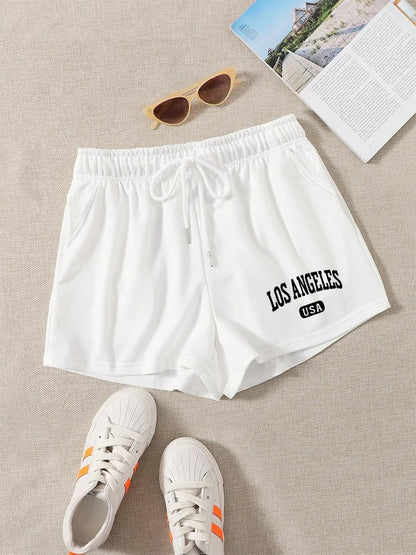 Letter Print Drawstring Shorts Slant Pockets Women's Clothing Shorts