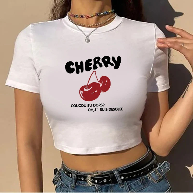 Cherry Letters Retro Sports Style Crop Top O-Neck Baby Tee Crop Top