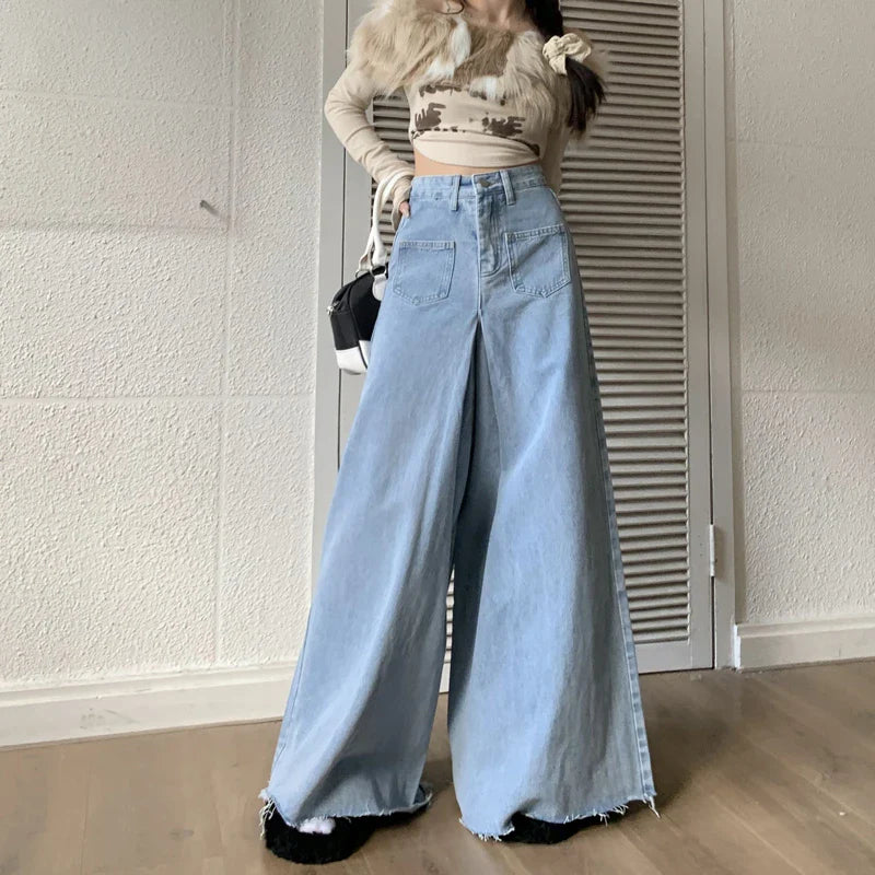 Women Spring High Waist Design Niche Loose Skinny Straight Leg Skirt Jeans