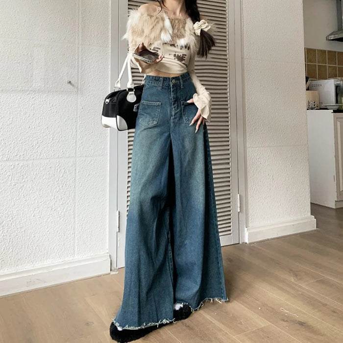 Women Spring High Waist Design Niche Loose Skinny Straight Leg Skirt Jeans