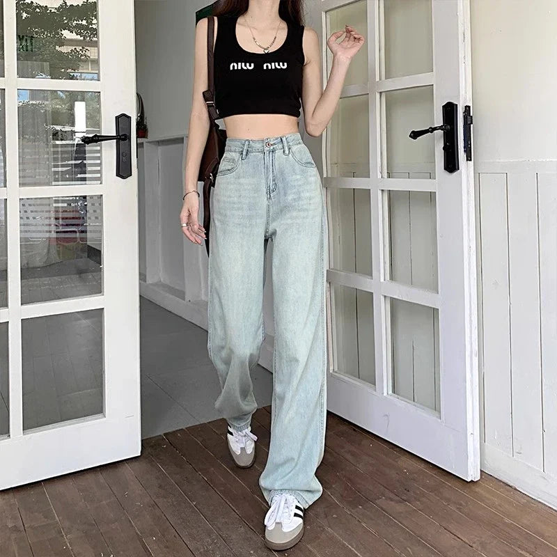 Straight Female Spring 2024 New High-waisted Loose Wide-Leg Jeans