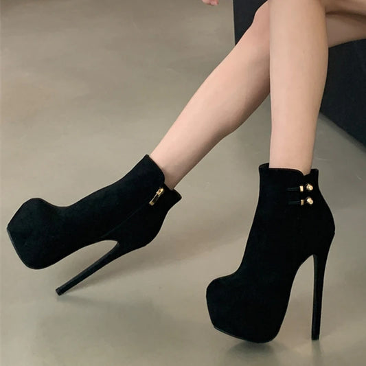 Liyke Fashion Chic Elasticity Buckle Strap Women Platform Boots Sexy Zip Round Toe Pole Dance Extreme High Heels Shoes Black