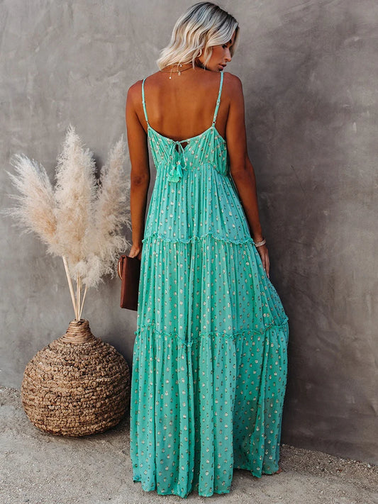 FashionSierra - 2024 Sleeveless Spaghetti Strap Pleated V Neck Maxi Boho Dress