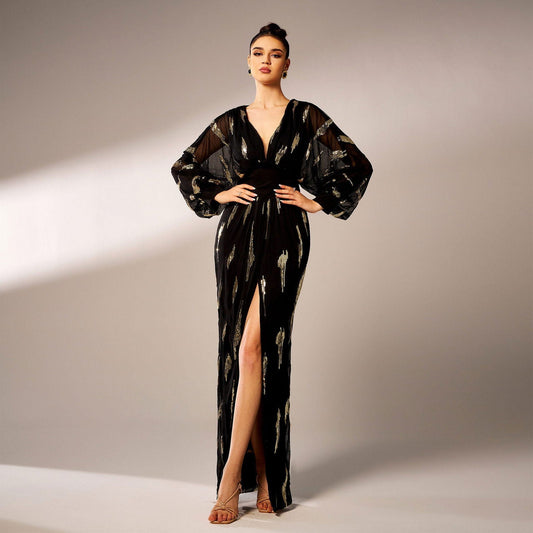 Long Sleeved Elegant V neck Long Sequined Cocktail Evening Dress Bridesmaid