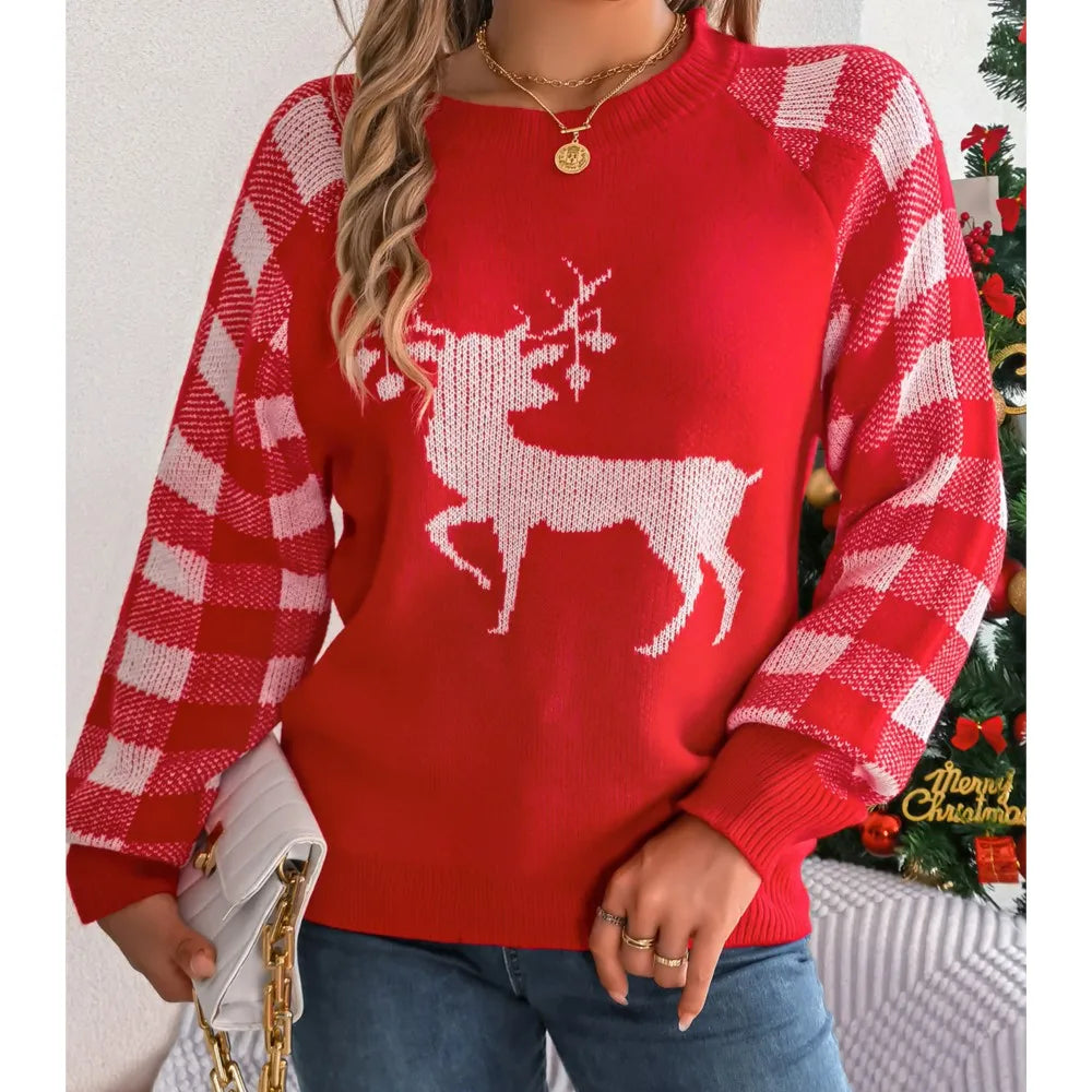 Loose Round Neck Knitted Autumn Winter Plaid Long Sleeved Christmas Sweater Sweaters-L