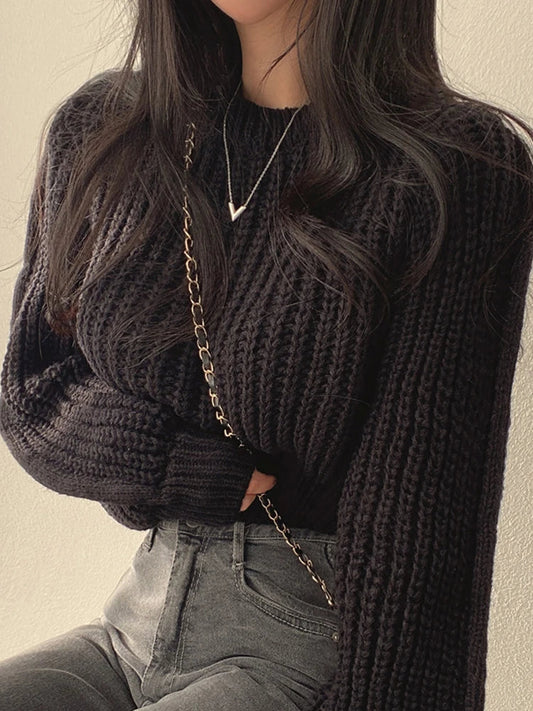 FashionSierra - Vintage Harajuku Lantern Long Sleeve Korean Autumn Winter Knitwear Soft Warm Chic Solid Femme Sweater
