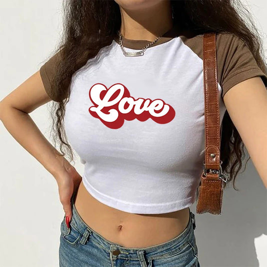 Love Retro Sports Style Crop Top O-Neck Baby Tee Crop Top