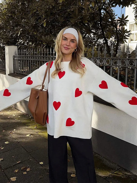 Love Heart Printed Thickened Long-sleeved O Neck Fashion Oversized Street Jumper Sweater