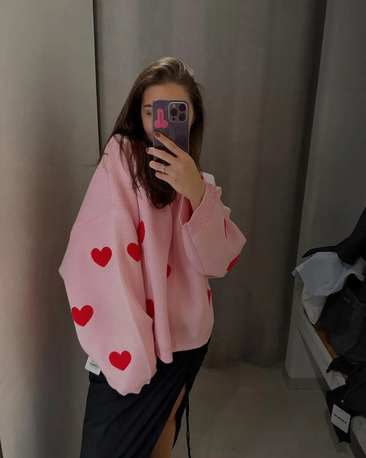 Love Heart Printed Thickened Long-sleeved O Neck Fashion Oversized Street Jumper Sweater