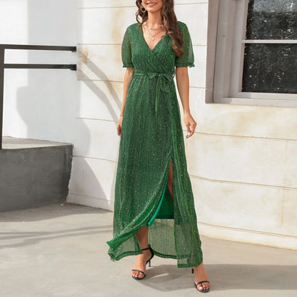 FashionSierra - Luxury Ankle Length Belt Sequin V Neck Short Sleeve Elegant Party Maxi Dress