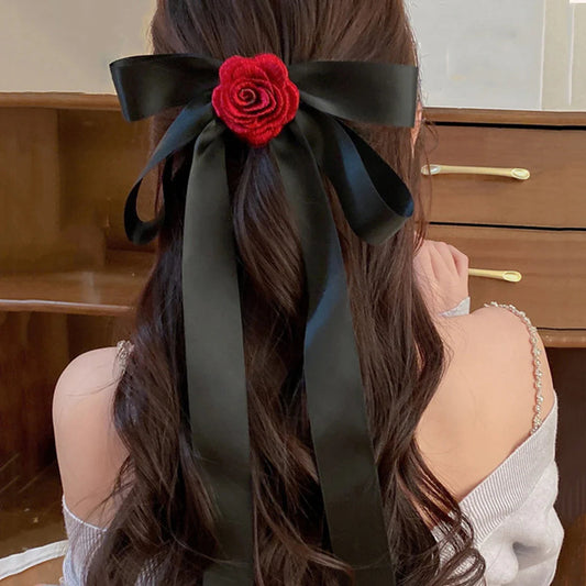 Rose Blossom Ribbon Spring Clip Hair Accessory