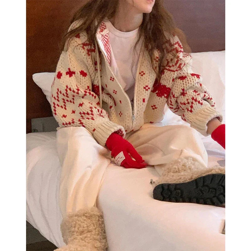 Vintage Hooded Jacquard Cardigan Cardigan-241208