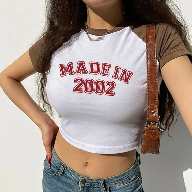 Made in 2002 Retro Sports Style Crop Top O-Neck Baby Tee Crop Top