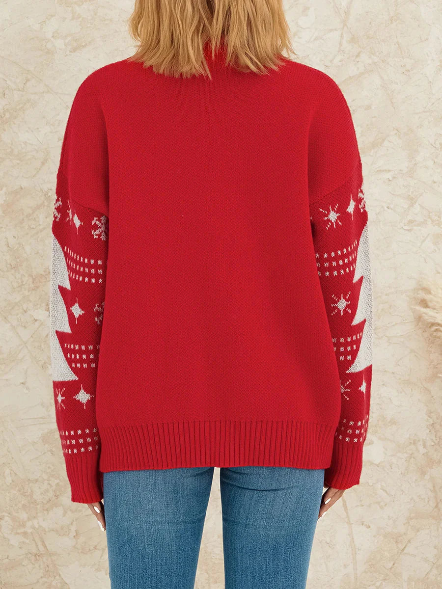 Reindeer Patterned Crew Neck Long Sleeve Knitwear Rib-Knit Hem Christmas Sweater Sweaters-L
