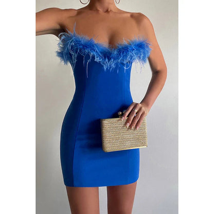 FashionSierra - Elegant Feather Stitching Tube Autumn Evening Party Club Strapless Backless Bodycon Vestidos Mini Dress