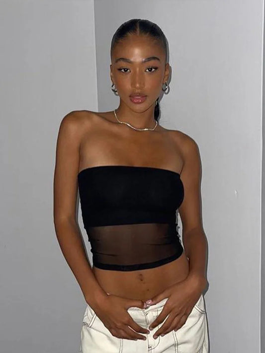 FashionSierra - Mesh Patchwork Tube Sleeveless Off Shoulder Summer Streetwear Strapless Crop Tops