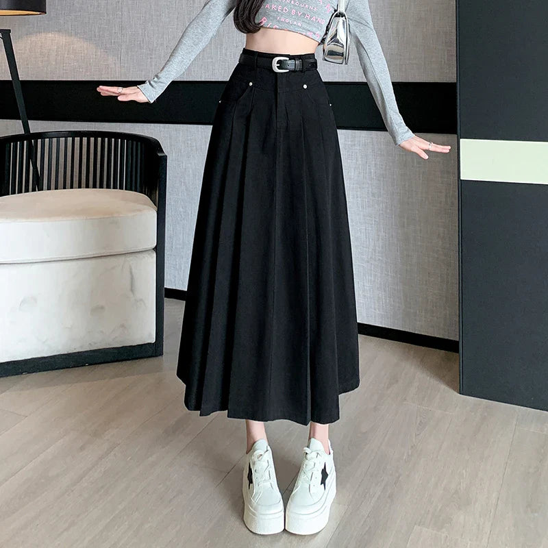 FashionSierra - New High Waist A-line Midi Pleated Denim Long Skirt