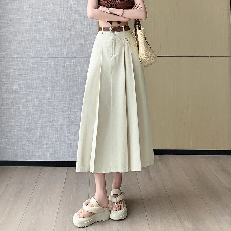 FashionSierra - New High Waist A-line Midi Pleated Denim Long Skirt