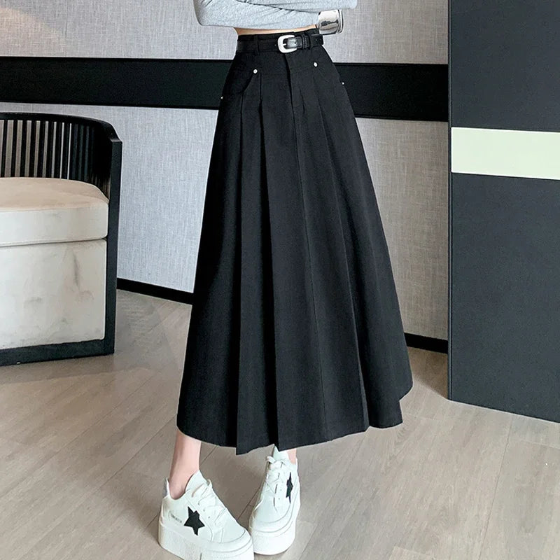 FashionSierra - New High Waist A-line Midi Pleated Denim Long Skirt