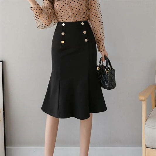 FashionSierra - Midi 2024 New Fashion Double Breasted High Waist Package Hip Office Lady Ruffles Vintage Black/Red Skirt