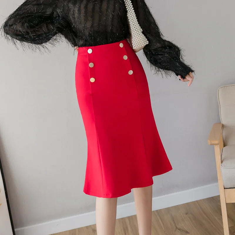 FashionSierra - Midi 2024 New Fashion Double Breasted High Waist Package Hip Office Lady Ruffles Vintage Black/Red Skirt