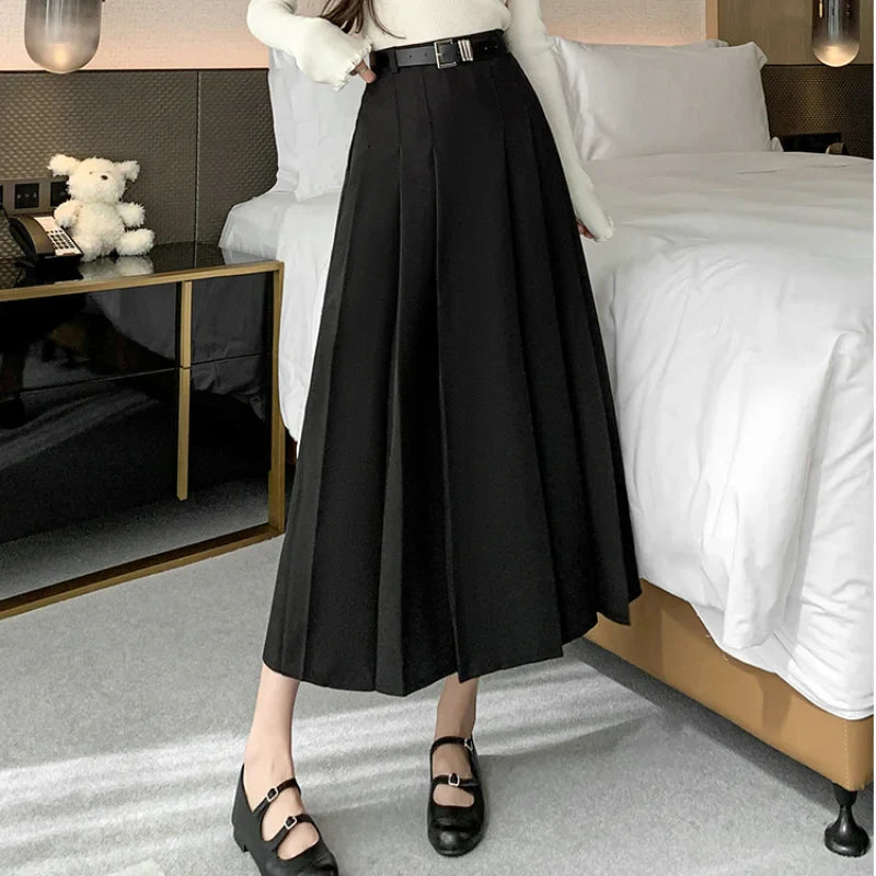 FashionSierra - Midi Women 2024 Spring Summer High Waist A-line Pleated Korean Casual Long Suit Ladies Fashion Umbrella Skirt