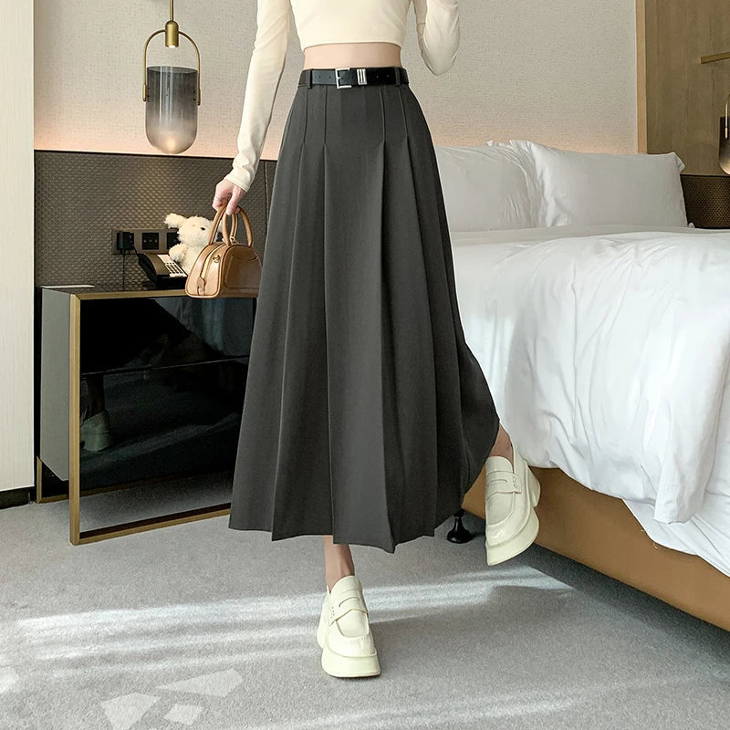 FashionSierra - Midi Women 2024 Spring Summer High Waist A-line Pleated Korean Casual Long Suit Ladies Fashion Umbrella Skirt