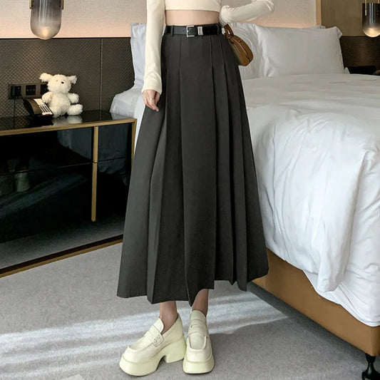 FashionSierra - Midi Women 2024 Spring Summer High Waist A-line Pleated Korean Casual Long Suit Ladies Fashion Umbrella Skirt