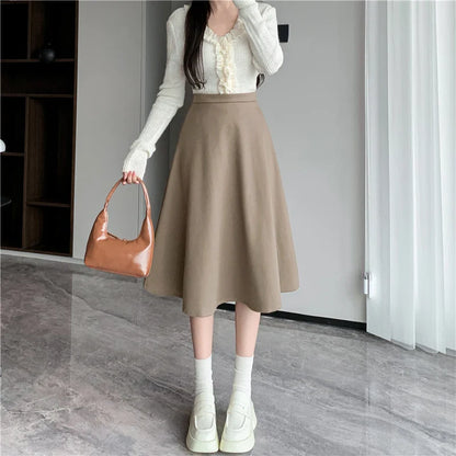 FashionSierra - Midi 2024 New Fashion Autumn Winter Woolen Women High Waist A-line Female Vintage Wool Umbrella Skirt