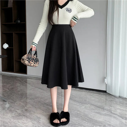 FashionSierra - Midi 2024 New Fashion Autumn Winter Woolen Women High Waist A-line Female Vintage Wool Umbrella Skirt