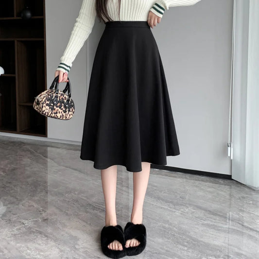 FashionSierra - Midi 2024 New Fashion Autumn Winter Woolen Women High Waist A-line Female Vintage Wool Umbrella Skirt