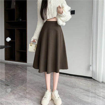 FashionSierra - Midi 2024 New Fashion Autumn Winter Woolen Women High Waist A-line Female Vintage Wool Umbrella Skirt