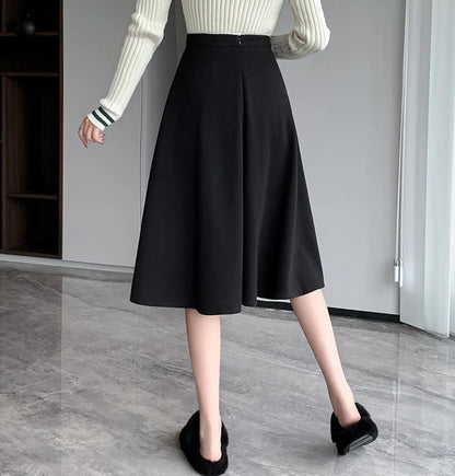 FashionSierra - Midi 2024 New Fashion Autumn Winter Woolen Women High Waist A-line Female Vintage Wool Umbrella Skirt