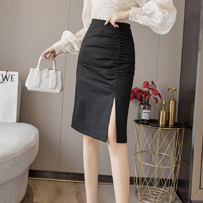 FashionSierra - Midi New Fashion High Waist Side Slit Pencil Office Lady Folds Package Hip Women Black Formal Skirt