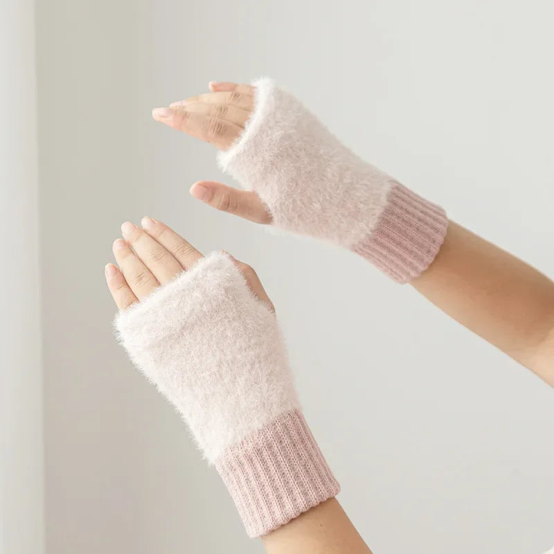 Luxury White Plush Knitted Fingerless Winter Writing Christmas Glove Gloves-L