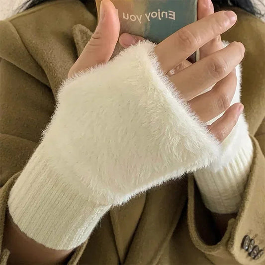 Luxury White Plush Knitted Fingerless Winter Writing Christmas Glove