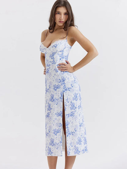 FashionSierra Blue Print Split Midi Dress Spaghetti Strap Off-shoulder Party Floral Dress