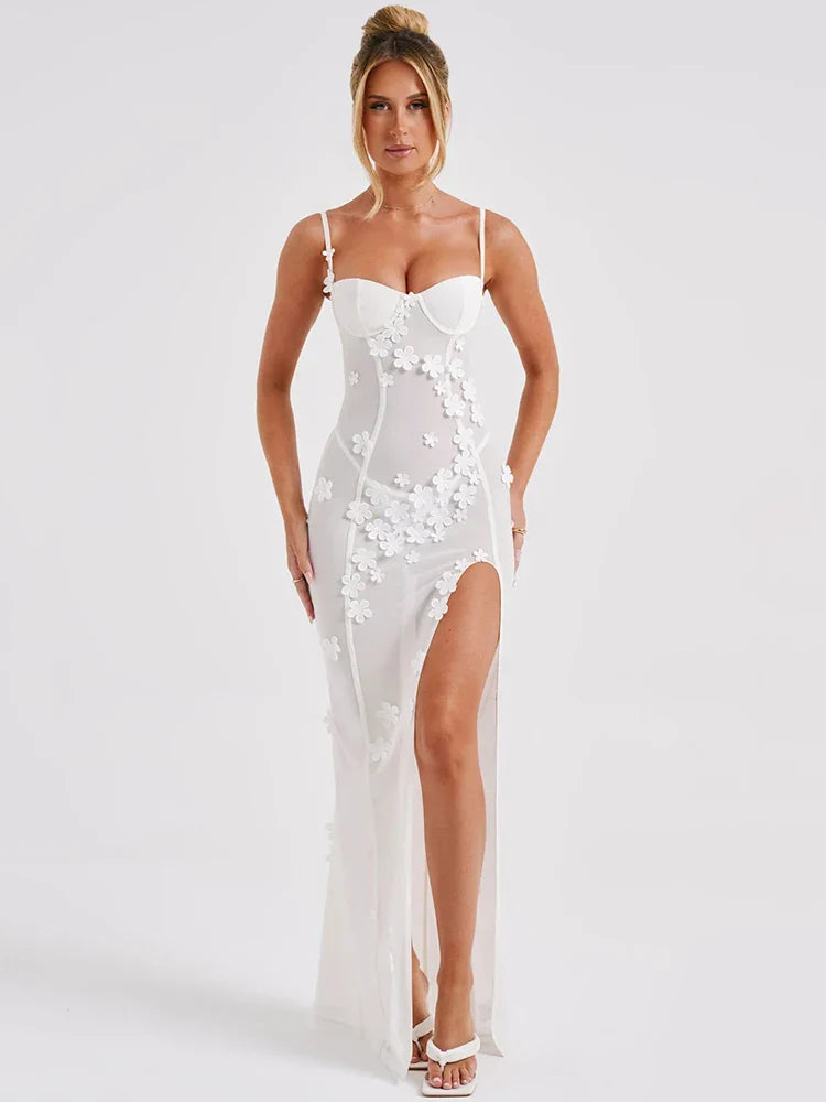 FashionSierra Sheer Mesh Sexy Maxi Dress White Spaghetti Strap Sleeveless Lace Dress