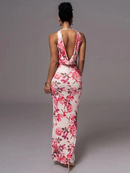 FashionSierra - Deep V Neck Backless Bodycon Club Party Floral Dress