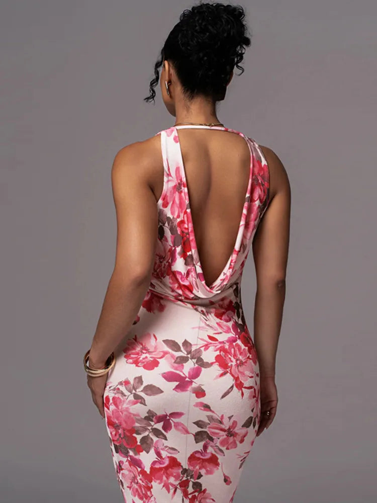 FashionSierra - Deep V Neck Backless Bodycon Club Party Floral Dress