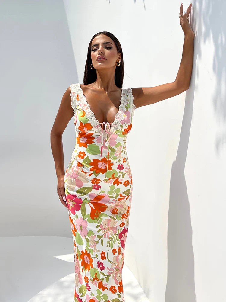 FashionSierra - Floral Print Backless Maxi Dress Sleeveless Bodycon Floral Dress