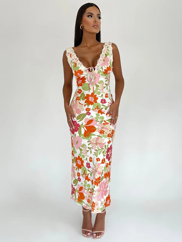 FashionSierra - Floral Print Backless Maxi Dress Sleeveless Bodycon Floral Dress