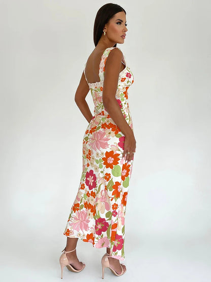 FashionSierra - Floral Print Backless Maxi Dress Sleeveless Bodycon Floral Dress